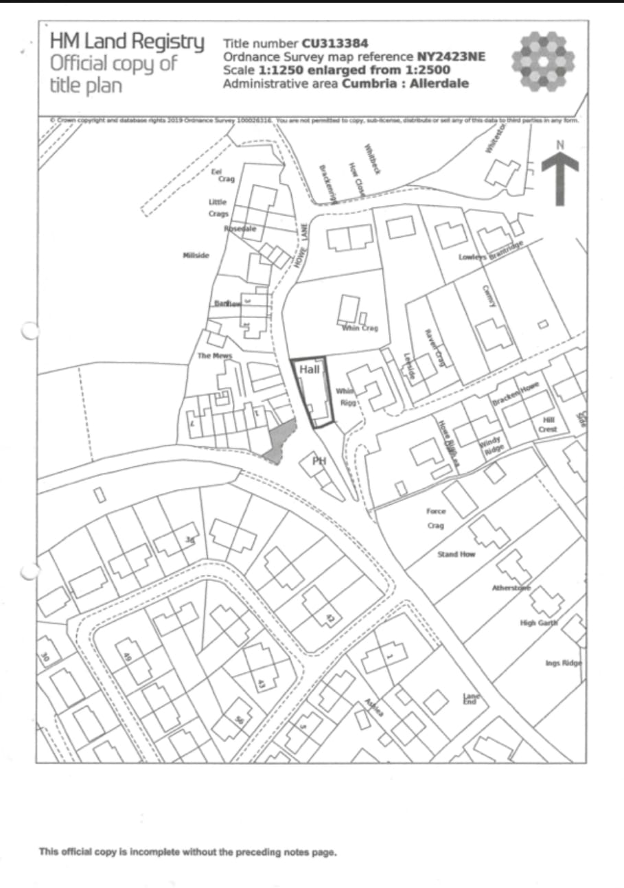 HM Land Registry official copy of title plan for Portinscale Village Hall, title number CU313384